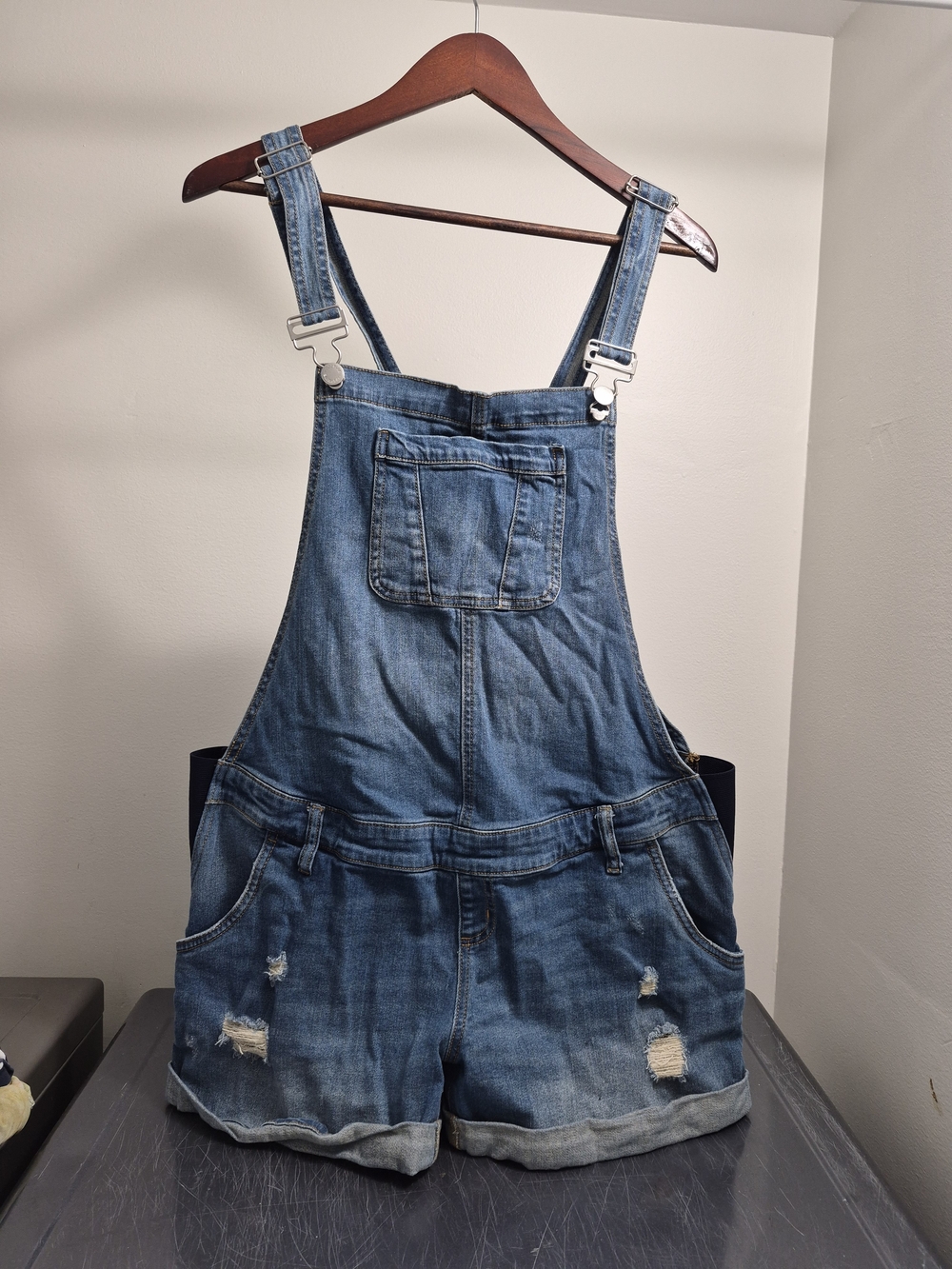 Indigo Blue Distressed Denim Short Overalls in Blue